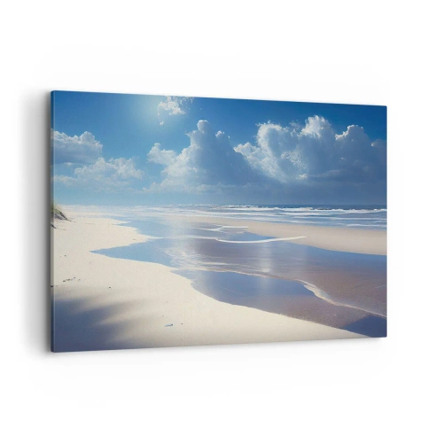 Cuadro sobre lienzo - Impresión de Imagen - Una playa de arena con olas bajo un cielo azul. - 120x80cm - Vacaciones en el paraíso - Decoración de pared moderna para salón y dormitorio ARTTOR
