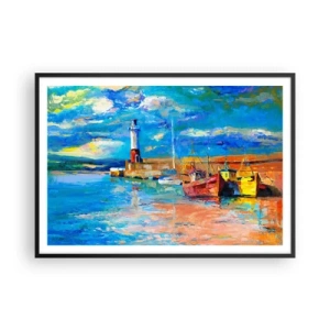 Póster en marco negro - Puerto pesquero con barcos y un faro en colores vivos - 100x70cm - Tarde en la bahía del arco iris - Decoración de pared moderna para salón y dormitorio ARTTOR