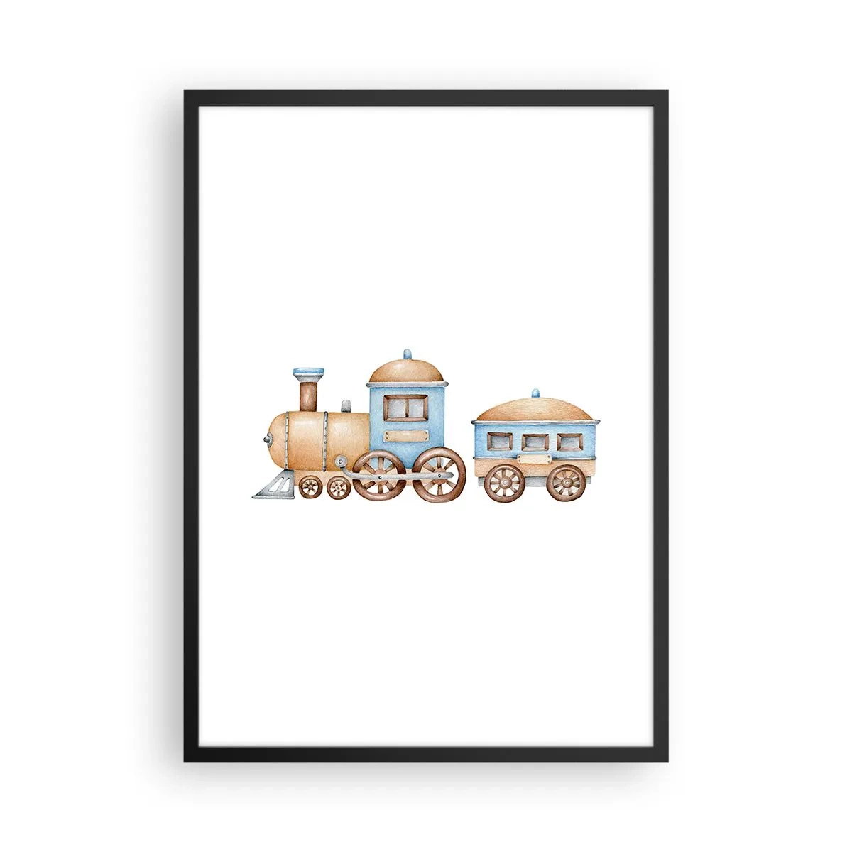 Póster en marco negro - Tren de acuarela en tonos azules y beige. - 50x70cm - De pie en la estación... - Decoración de pared moderna para salón y dormitorio ARTTOR