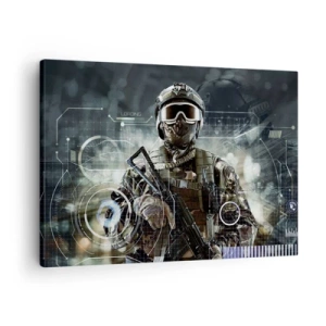 Cuadro sobre lienzo - Impresión de Imagen - Un soldado con un casco futurista y una pistola en un fondo de tecnología. - 70x50cm - De poder a poder - Decoración de pared moderna para salón y dormitorio ARTTOR