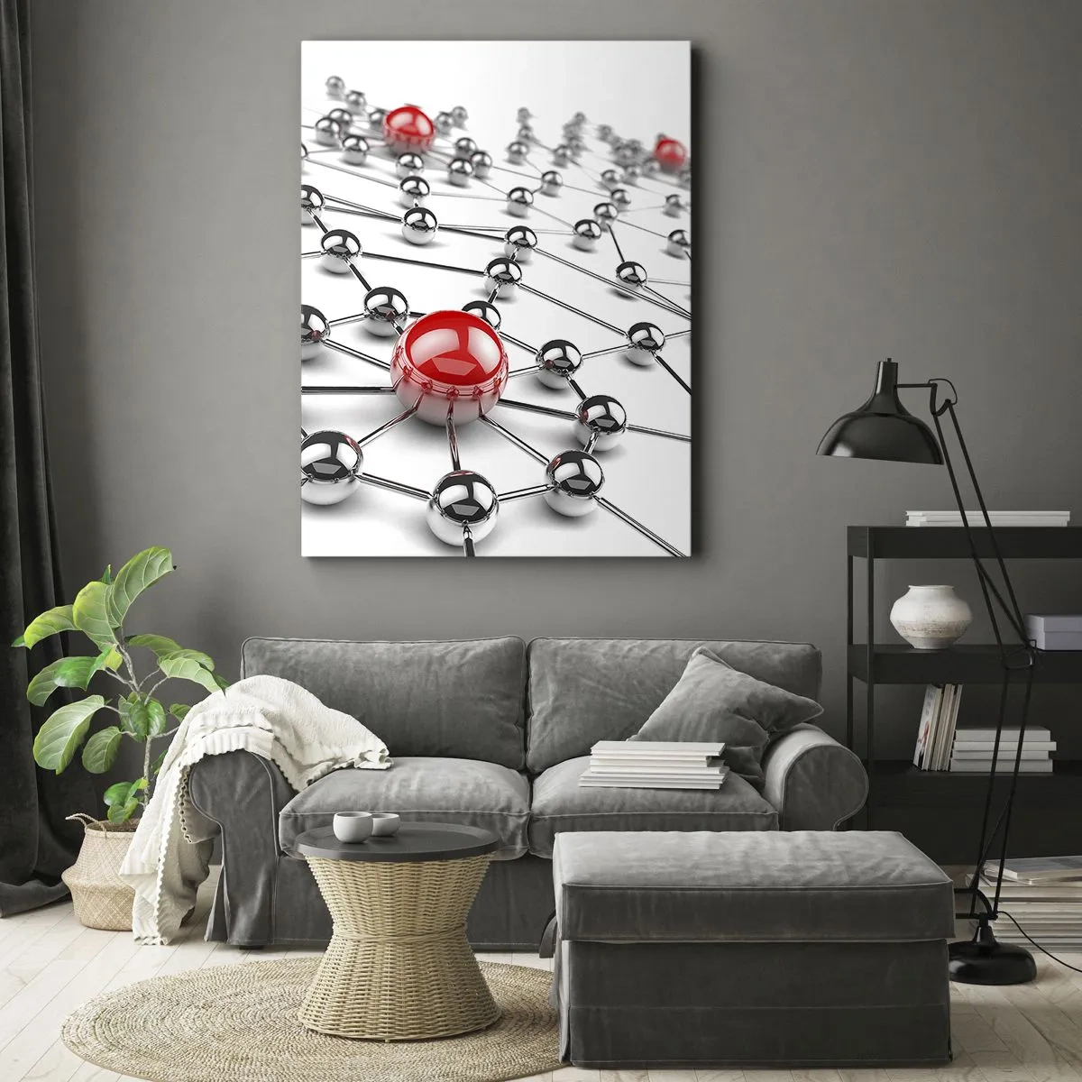 Cuadro sobre lienzo - Impresión de Imagen - Una red de bolas metálicas con acentos rojos. - 70x100cm - Una red plateada - Decoración de pared moderna para salón y dormitorio ARTTOR