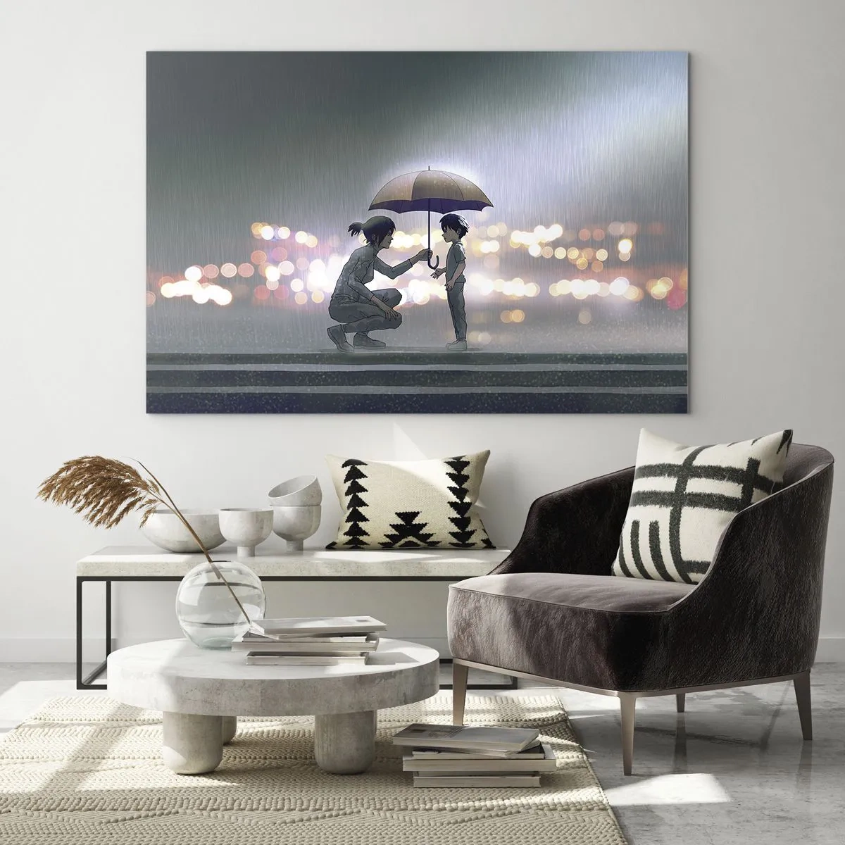 Cuadro sobre vidrio - Impresiones sobre Vidrio - Figuras bajo la lluvia con paraguas contra el fondo de luces nocturnas. - 70x50cm - Y todo está bien - Decoración de pared moderna para salón y dormitorio ARTTOR