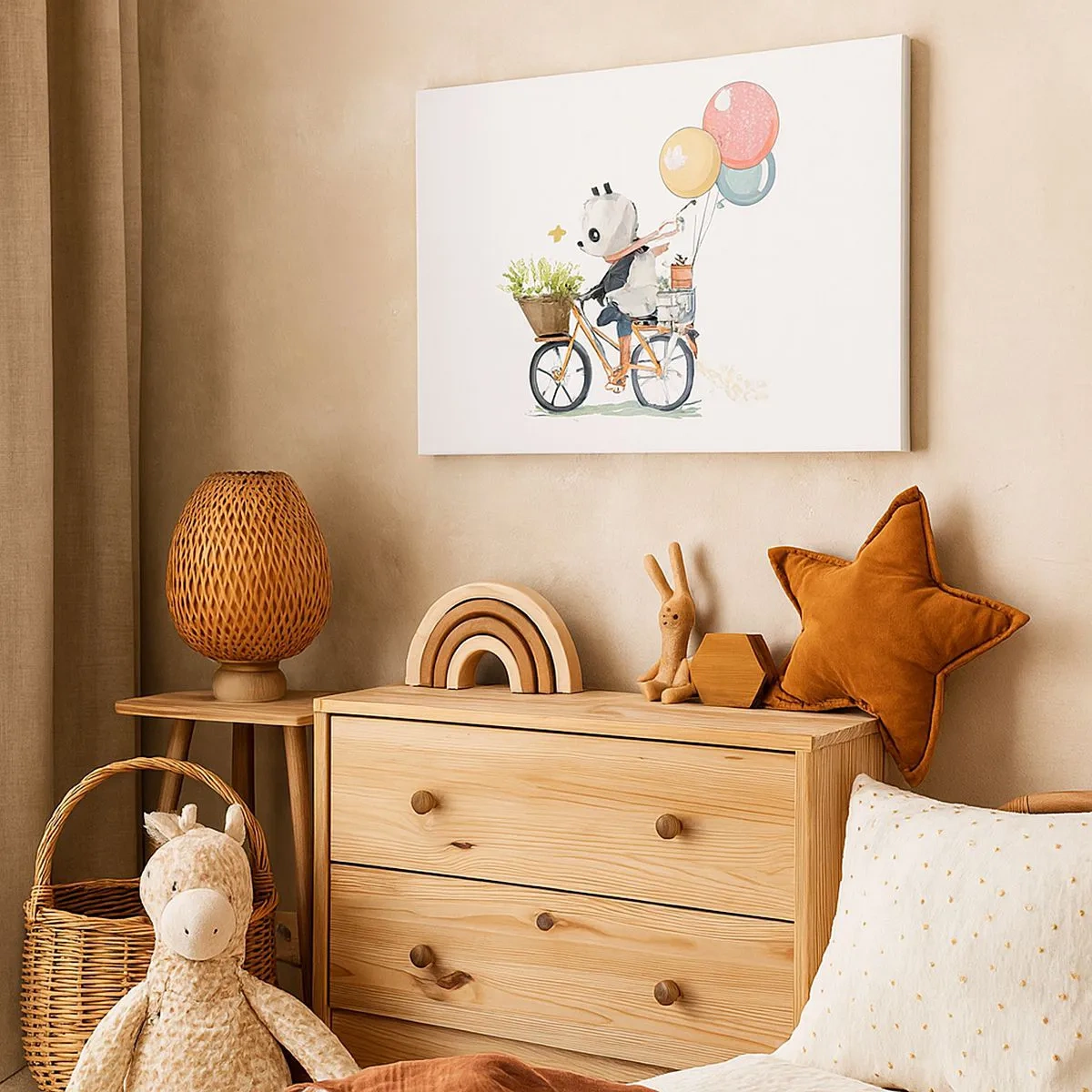 Cuadro sobre lienzo - Impresión de Imagen - Panda en bicicleta con globos y flores. - 70x50cm - Un día feliz - Decoración de pared moderna para salón y dormitorio ARTTOR