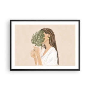 Póster en marco negro - Retrato de una mujer con una hoja de monstera sobre un fondo beige. - 70x50cm - Retrato misterioso con un abanico - Decoración de pared moderna para salón y dormitorio ARTTOR