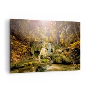 Cuadro sobre lienzo - Impresión de Imagen - Una cascada forestal bajo los rayos del sol, rodeada de vegetación. - 120x80cm - Cascada forestal en verde - Decoración de pared moderna para salón y dormitorio ARTTOR