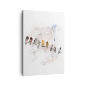 Cuadro sobre lienzo - Impresión de Imagen - Pájaros coloridos en una rama en estilo acuarela. - 50x70cm - Reunión alada - Decoración de pared moderna para salón y dormitorio ARTTOR