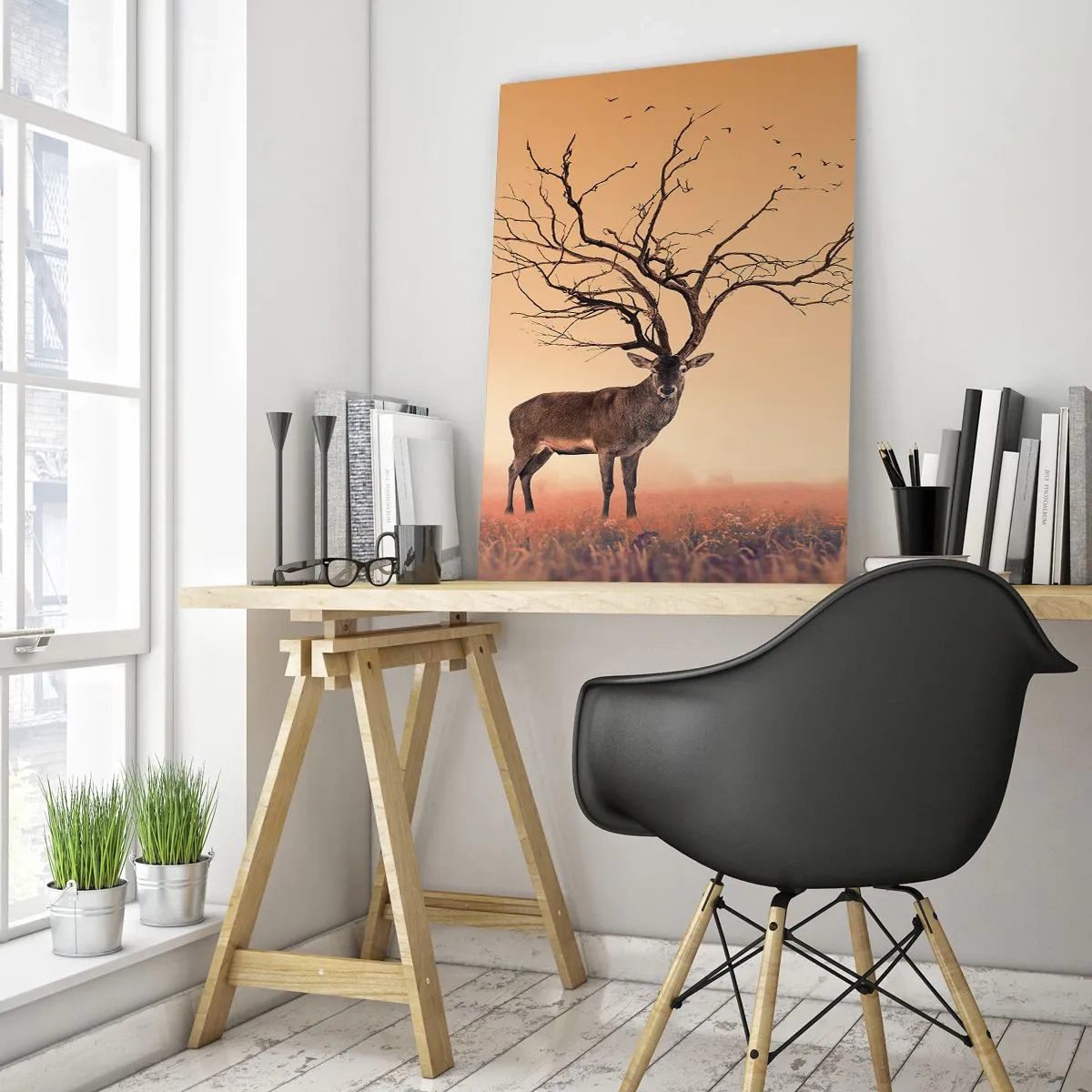 Cuadro sobre vidrio - Impresiones sobre Vidrio - Ilustración de un ciervo con un árbol como astas - 50x70cm - El eterno espíritu del bosque - Decoración de pared moderna para salón y dormitorio ARTTOR