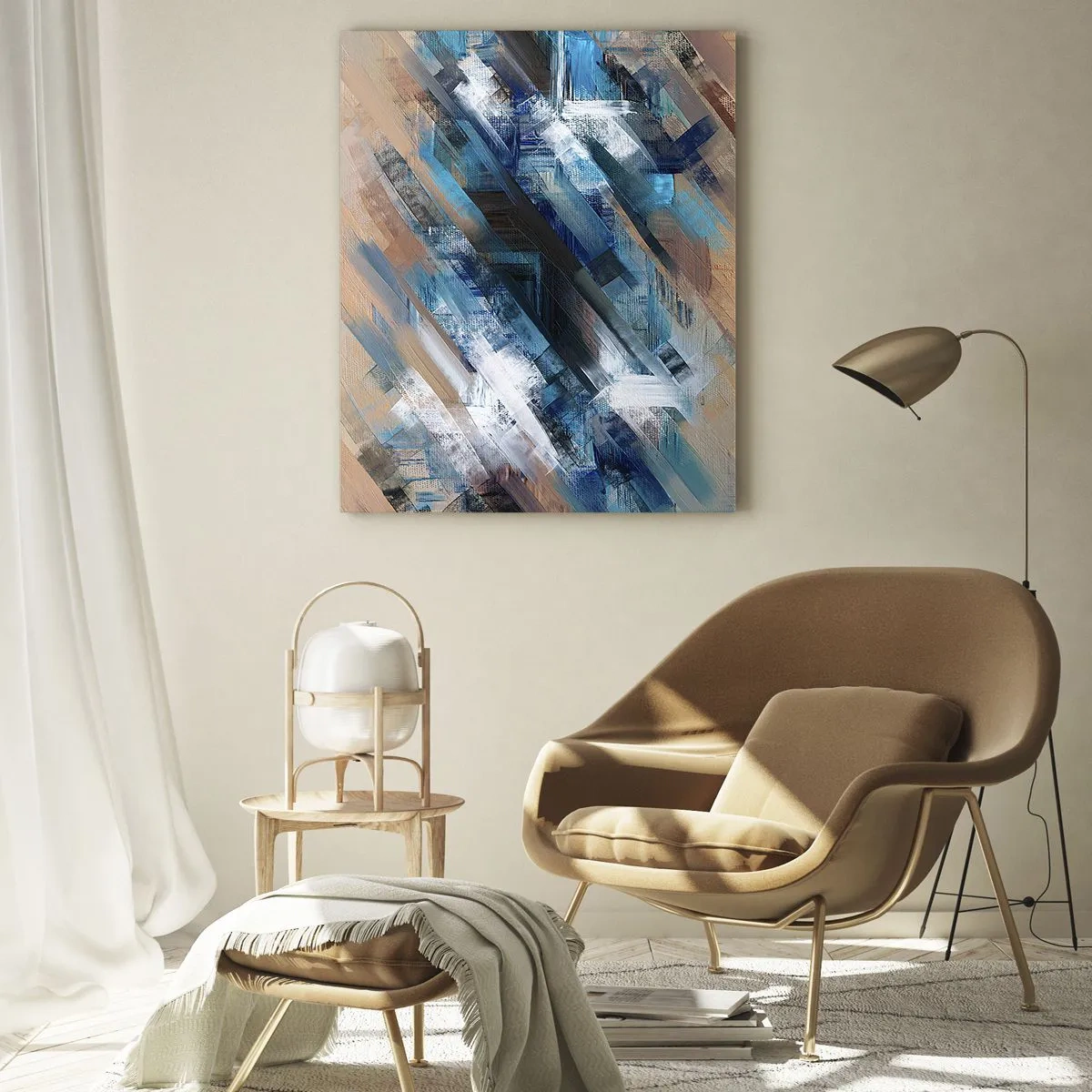 Cuadro sobre vidrio - Impresiones sobre Vidrio - Composición abstracta con líneas diagonales azules. - 80x120cm - En una inclinación azul - Decoración de pared moderna para salón y dormitorio ARTTOR