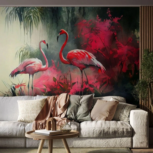 Fotomural Premium Sand - Dos flamencos junto al agua entre plantas rosas. - 100x70cm - Una lección de encanto natural - Decoración de pared moderna para salón y dormitorio ARTTOR
