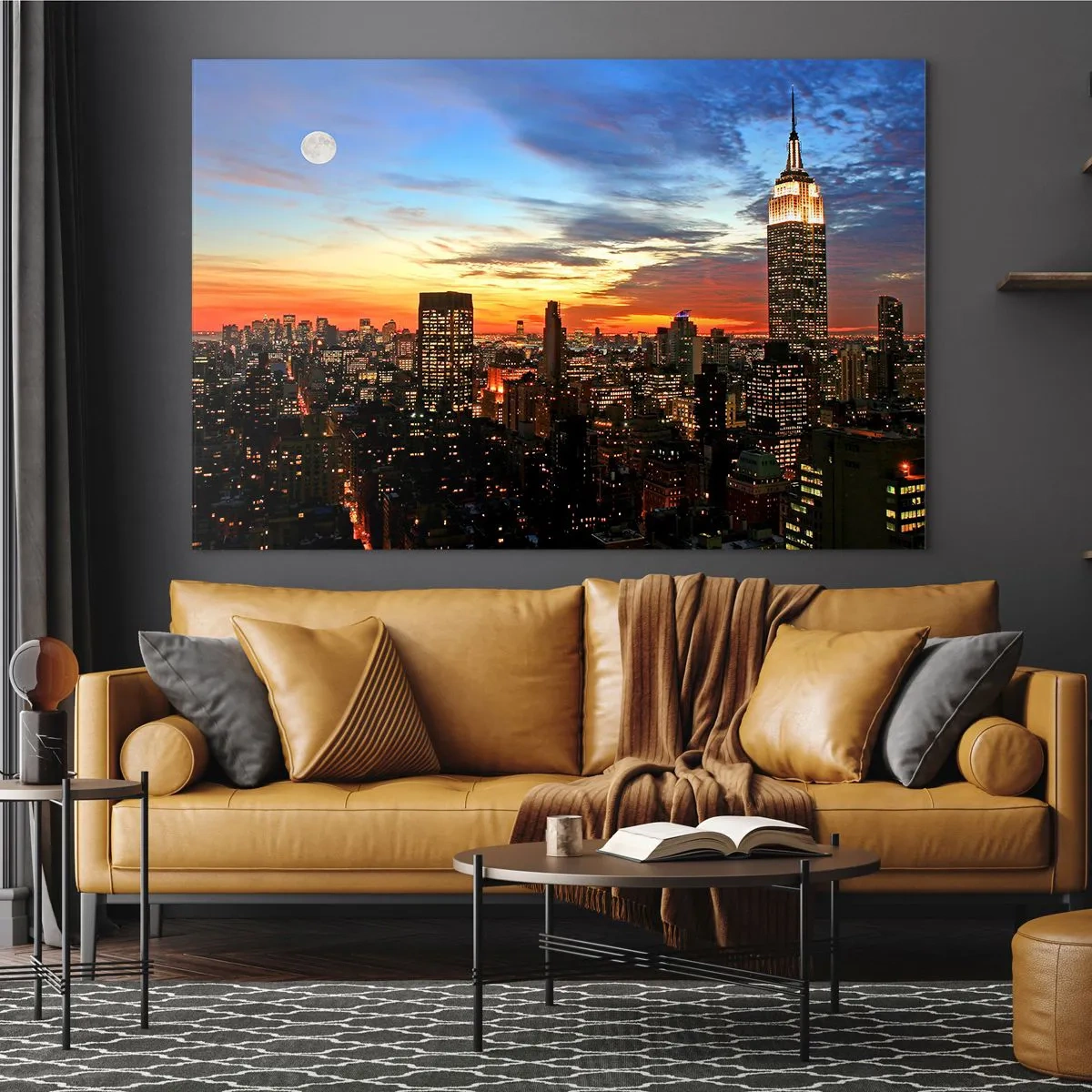 Cuadro sobre vidrio - Impresiones sobre Vidrio - Panorama nocturno de la ciudad con edificios iluminados. - 120x80cm - Una luminosa noche americana - Decoración de pared moderna para salón y dormitorio ARTTOR