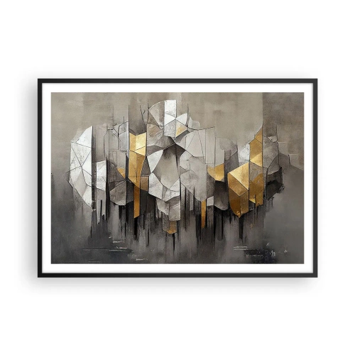 Póster en marco negro - Abstracción geométrica en tonos dorados y grises. - 100x70cm - Composición hecha de hielo y luz - Decoración de pared moderna para salón y dormitorio ARTTOR
