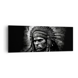 Cuadro sobre lienzo - Impresión de Imagen - Retrato de un jefe con un tocado de plumas sobre un fondo negro - 140x50cm - Líder y guerrero - Decoración de pared moderna para salón y dormitorio ARTTOR