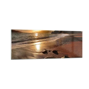 Cuadro sobre vidrio - Impresiones sobre Vidrio - Playa al atardecer con piedras en la orilla - 140x50cm - Sigue el sol hacia las colinas - Decoración de pared moderna para salón y dormitorio ARTTOR