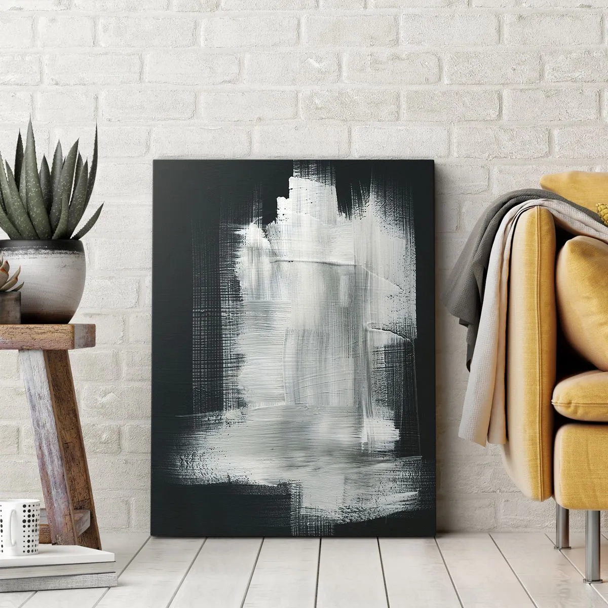 Cuadro sobre lienzo - Impresión de Imagen - Trazos abstractos blancos sobre un fondo oscuro - 50x70cm - Tejido vertical y horizontal - Decoración de pared moderna para salón y dormitorio ARTTOR