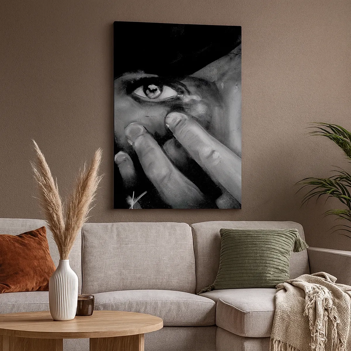 Cuadro sobre lienzo - Impresión de Imagen - Retrato en blanco y negro de una mujer cubriéndose la cara con las manos. - 50x70cm - No diré quién lo pintó - Decoración de pared moderna para salón y dormitorio ARTTOR