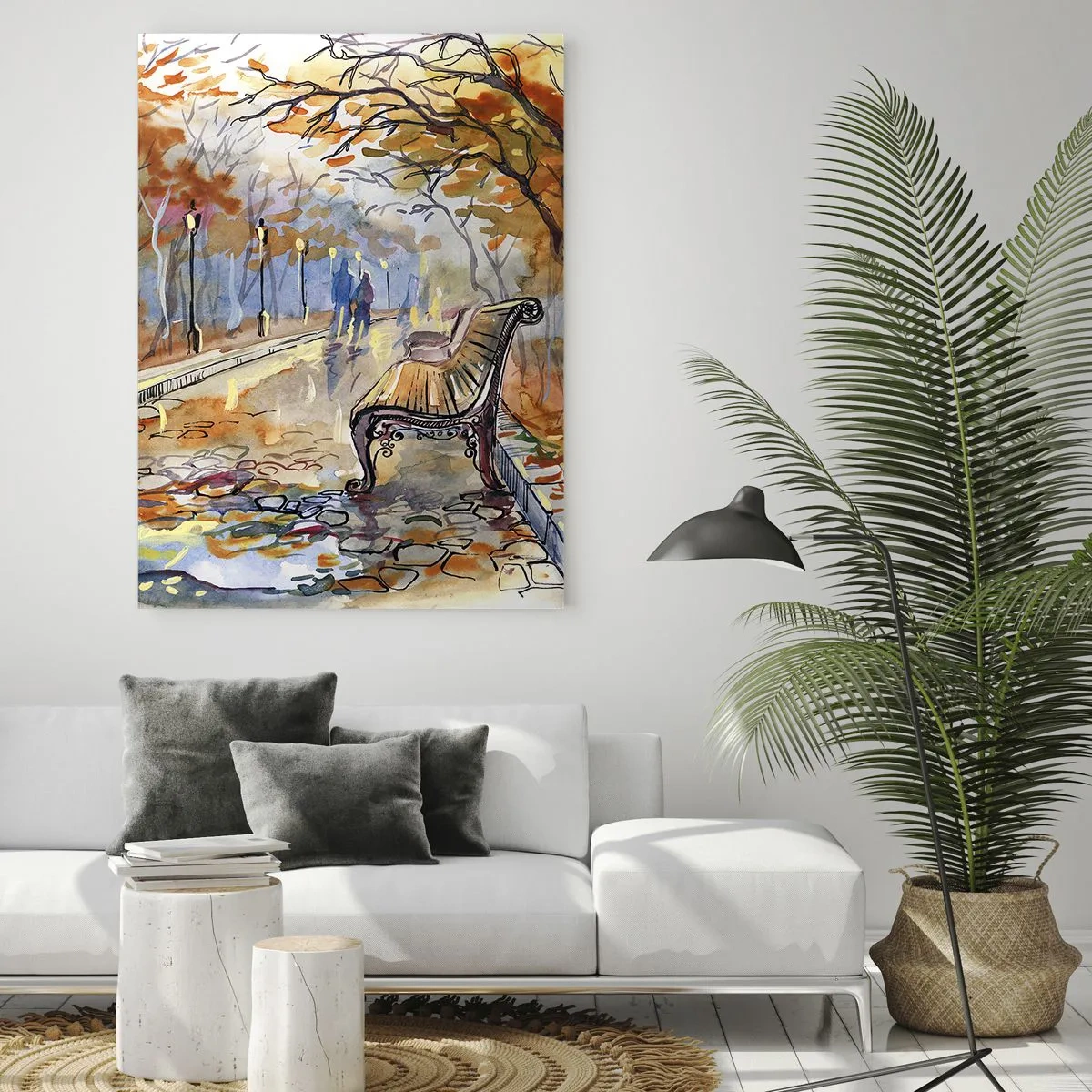 Cuadro sobre vidrio - Impresiones sobre Vidrio - Un callejón otoñal con un banco en estilo artístico de acuarela. - 50x70cm - Caminemos juntos hacia el otoño - Decoración de pared moderna para salón y dormitorio ARTTOR
