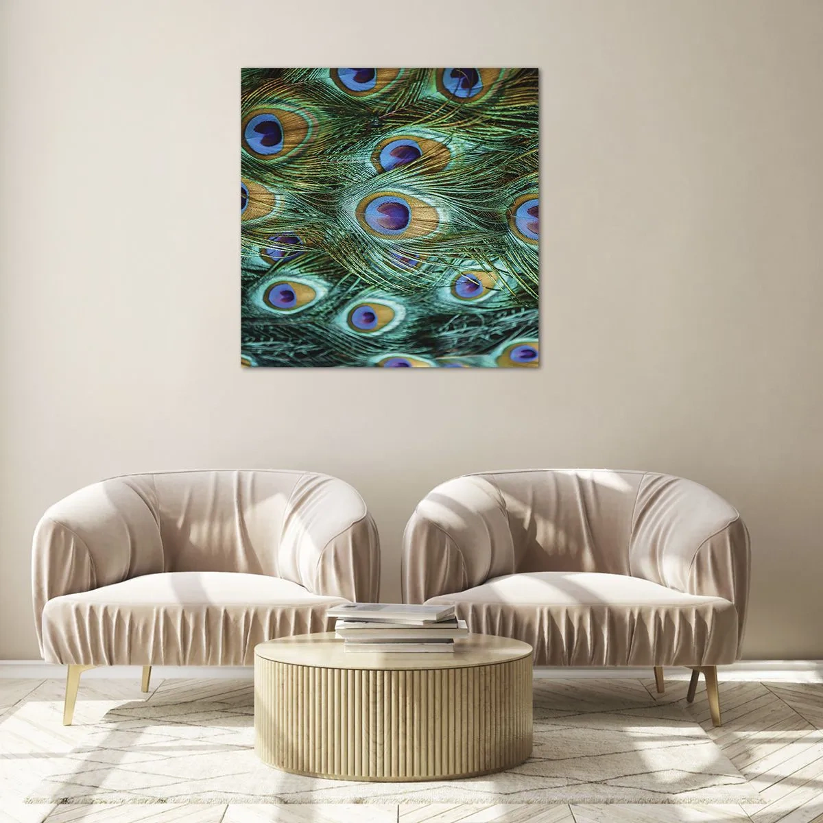 Cuadro sobre vidrio - Impresiones sobre Vidrio - Mirada de pavo real - 40x40 cm