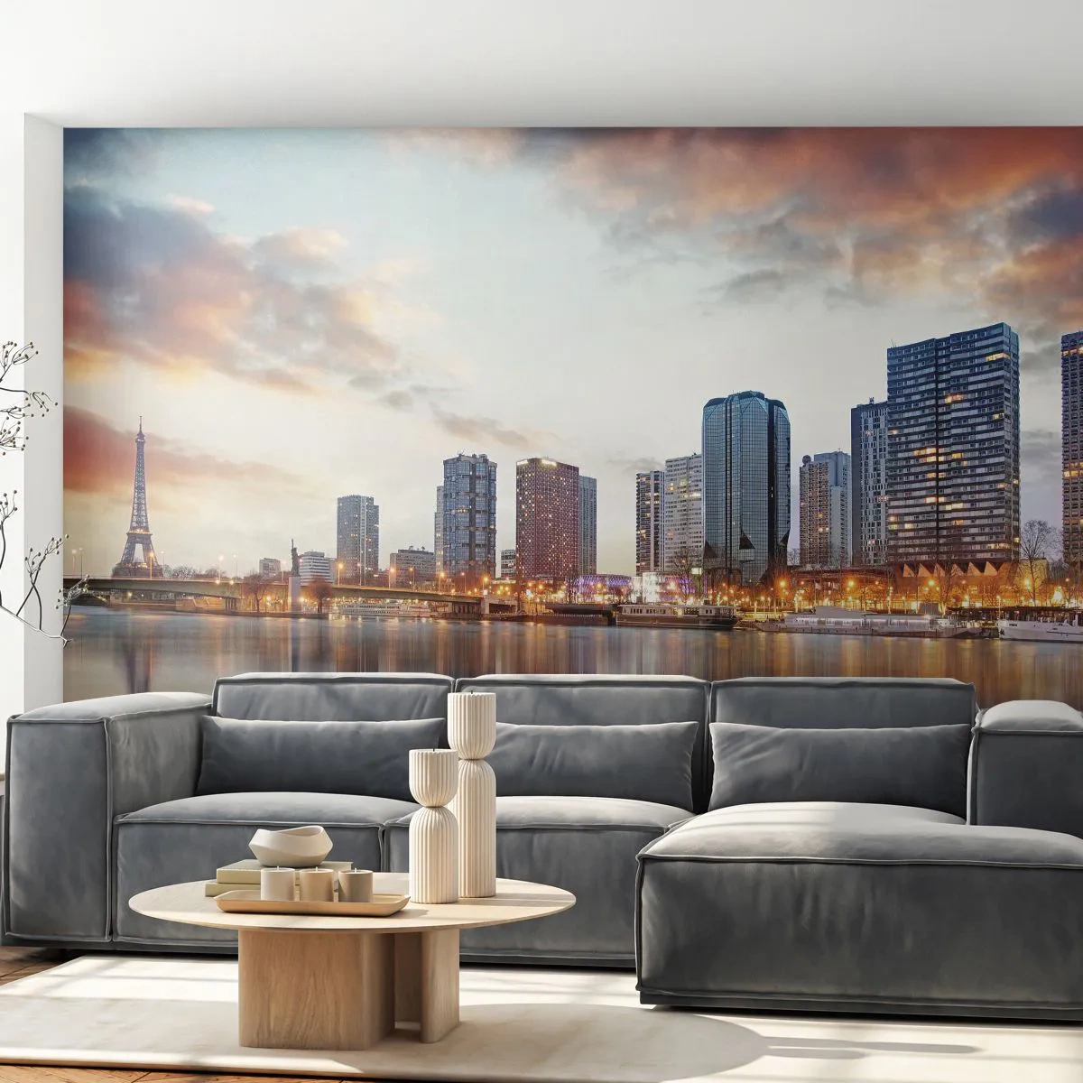 Fotomural Standard Eco - Panorama moderno de París con la Torre Eiffel al atardecer - 100x70cm - La calma monumental de París - Decoración de pared moderna para salón y dormitorio ARTTOR