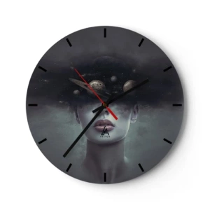 Reloj de pared - Reloj de vidrio - Una composición cósmica de planetas en la cabeza de una mujer sobre un fondo oscuro. - 30x30cm - Y los planetas sienten... - Decoración de pared moderna para salón, cocina y dormitorio ARTTOR