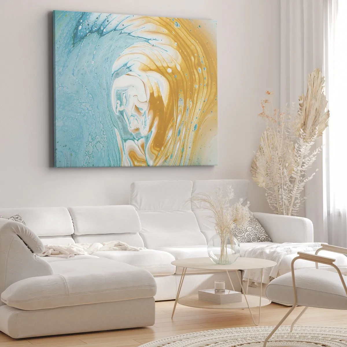Cuadro sobre lienzo - Impresión de Imagen - Ondas abstractas en tonos azules y dorados sobre lienzo. - 70x50cm - Remolino pastel - Decoración de pared moderna para salón y dormitorio ARTTOR