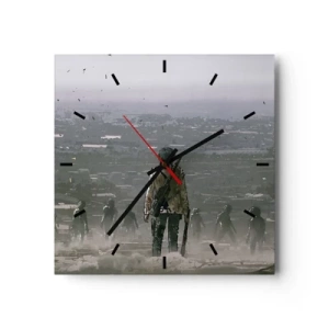 Reloj de pared - Reloj de vidrio - Una figura con una pistola se encuentra frente a un grupo en un paisaje distópico. - 30x30cm - Soy leyenda - Decoración de pared moderna para salón y dormitorio ARTTOR