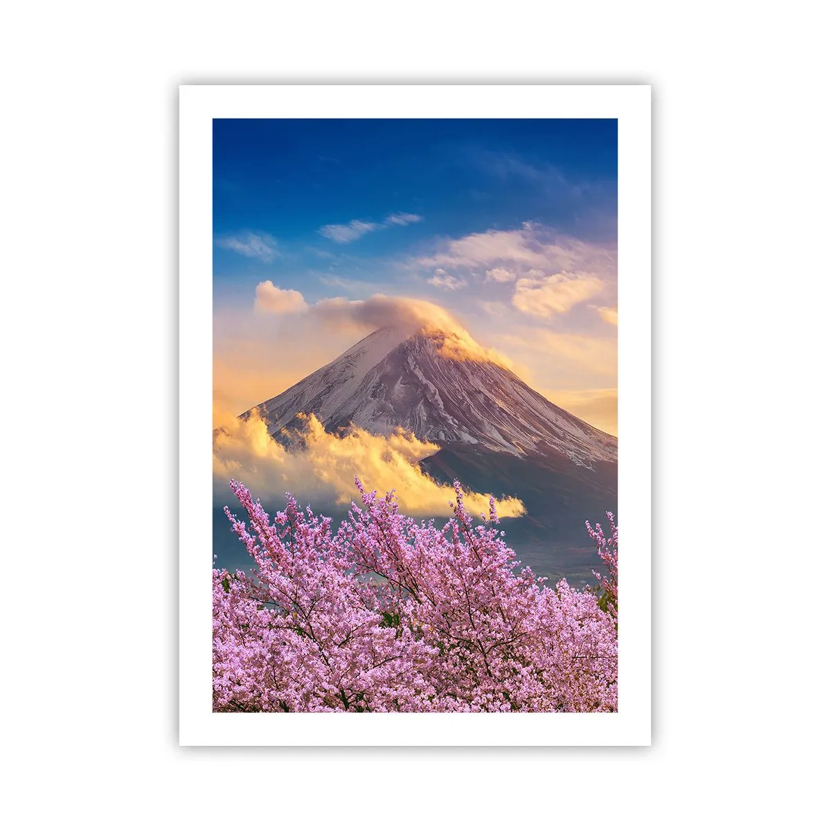 Póster - El monte Fuji rodeado de cerezos en flor al atardecer - 50x70cm - La santidad japonesa - Decoración de pared moderna para salón y dormitorio ARTTOR