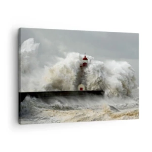 Cuadro sobre lienzo - Impresión de Imagen - Un faro rodeado de fuertes olas durante una tormenta. - 70x50cm - La furia del océano - Decoración de pared moderna para salón y dormitorio ARTTOR