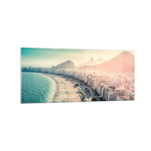 Cuadro sobre vidrio - Impresiones sobre Vidrio - Panorama de la playa de Copacabana con montañas al fondo en Río de Janeiro - 120x50cm - Vacaciones perpetuas en Río - Decoración de pared moderna para salón y dormitorio ARTTOR