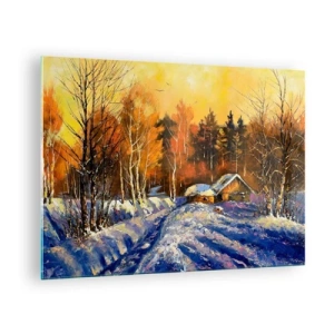 Cuadro sobre vidrio - Impresiones sobre Vidrio - Paisaje invernal con una cabaña de madera al atardecer - 70x50cm - Una impresión invernal al sol - Decoración de pared moderna para salón y dormitorio ARTTOR