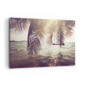 Cuadro sobre lienzo - Impresión de Imagen - Palmera con columpio sobre el agua bajo la luz del sol. - 100x70cm - Columpiar la imaginación - Decoración de pared moderna para salón y dormitorio ARTTOR