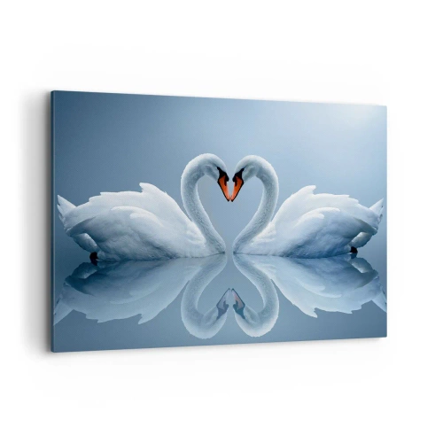 Cuadro sobre lienzo - Impresión de Imagen - Dos cisnes formando un corazón en una superficie tranquila del agua. - 100x70cm - Tiempo de amor - Decoración de pared moderna para salón y dormitorio ARTTOR