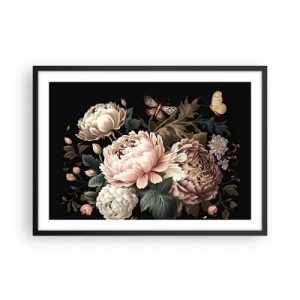 Póster en marco negro - Un ramo de flores rosas y mariposas sobre un fondo negro. - 70x50cm - En estilo barroco - Decoración de pared moderna para salón y dormitorio ARTTOR