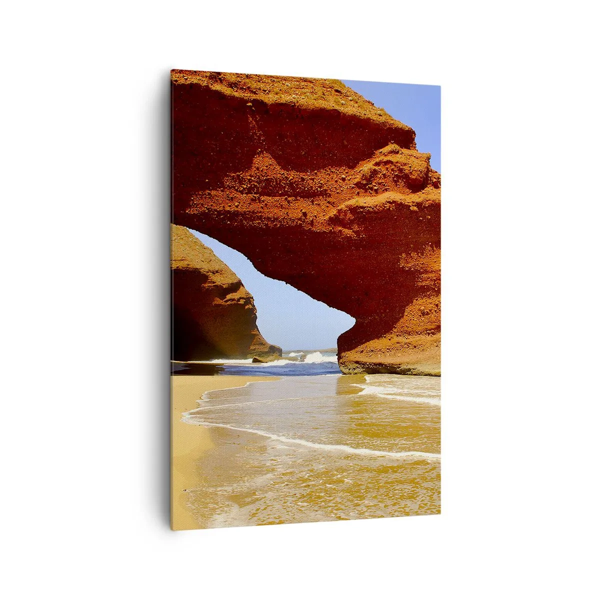Cuadro sobre lienzo - Impresión de Imagen - Un arco de roca natural en una playa con cielos azules y olas. - 80x120cm - El agua y el viento a través de miles de años - Decoración de pared moderna para salón y dormitorio ARTTOR