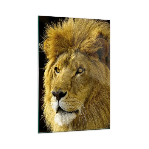 Cuadro sobre vidrio - Impresiones sobre Vidrio - Retrato de un león con una melena majestuosa sobre un fondo oscuro - 80x120cm - Retrato de un rey - Decoración de pared moderna para salón y dormitorio ARTTOR