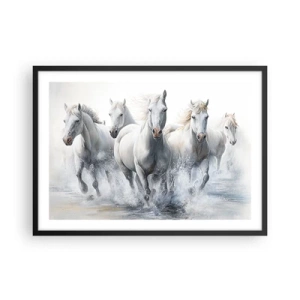 Póster en marco negro - Caballos blancos galopando por el agua - 70x50cm - Magia blanca - Decoración de pared moderna para salón y dormitorio ARTTOR