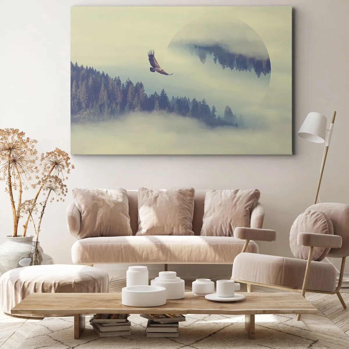 Cuadro sobre lienzo - Impresión de Imagen - Un águila en vuelo con un telón de fondo de montañas brumosas con un motivo circular artístico. - 70x50cm - Vi la sombra de un águila - Decoración de pared moderna para salón y dormitorio ARTTOR