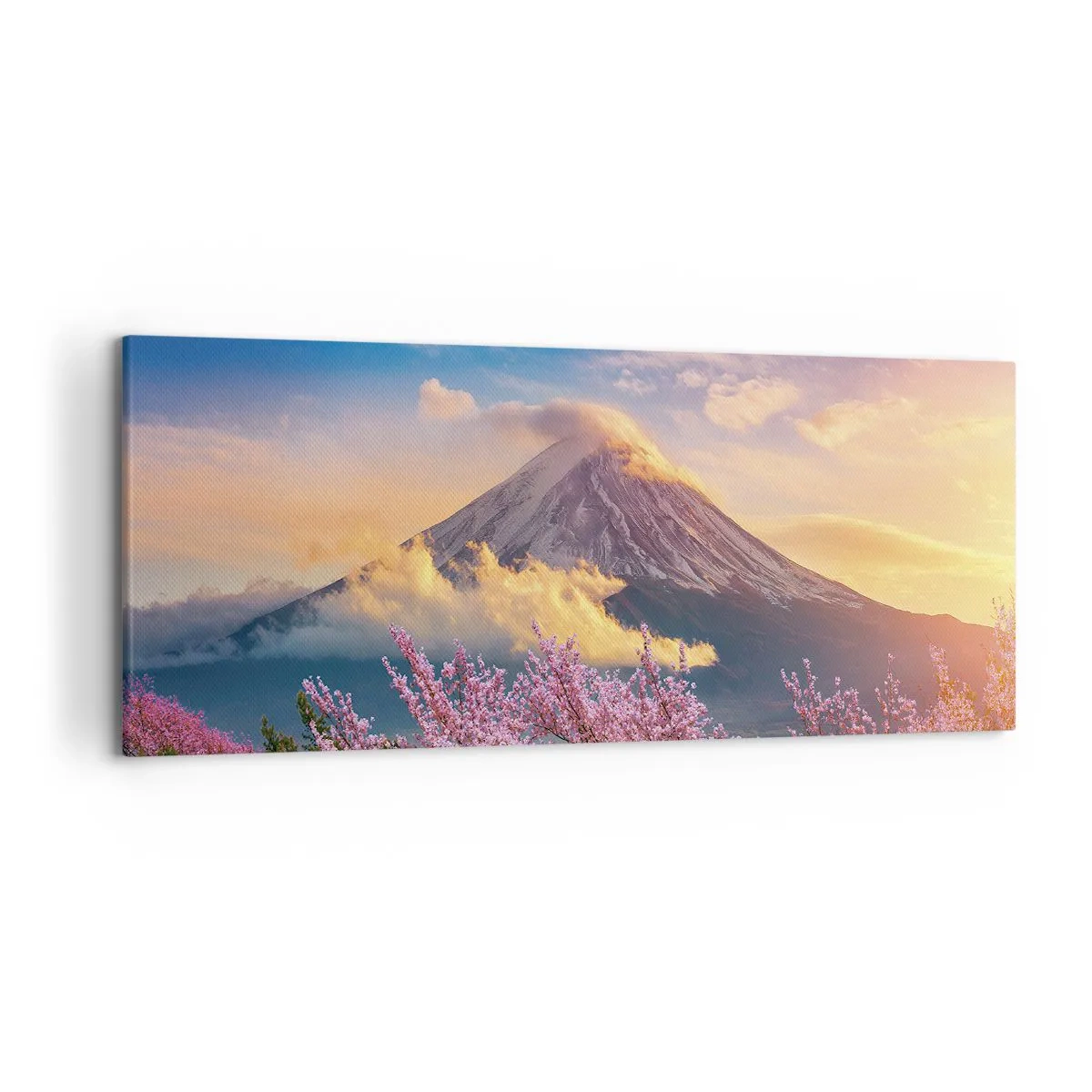 Cuadro sobre lienzo - Impresión de Imagen - Monte Fuji con flores de cerezo al fondo al atardecer - 120x50cm - La santidad japonesa - Decoración de pared moderna para salón y dormitorio ARTTOR