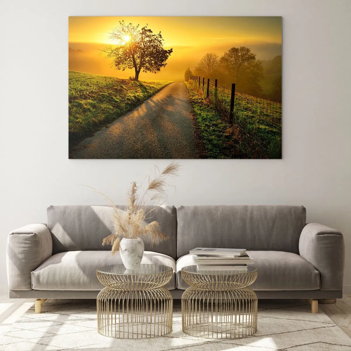 Cuadro sobre vidrio - Impresiones sobre Vidrio - Un camino a través de un paisaje rural al atardecer. - 70x50cm - Tarde melosa - Decoración de pared moderna para salón y dormitorio ARTTOR