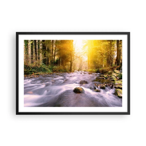 Póster en marco negro - Un arroyo forestal iluminado por los rayos del sol. - 70x50cm - Malaquita en un marco de plata y oro - Decoración de pared moderna para salón y dormitorio ARTTOR