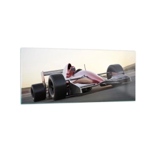 Cuadro sobre vidrio - Impresiones sobre Vidrio - Un coche rojo de Fórmula 1 en una pista de carreras mientras conduce - 120x50cm - Siempre el ganador - Decoración de pared moderna para salón y dormitorio ARTTOR