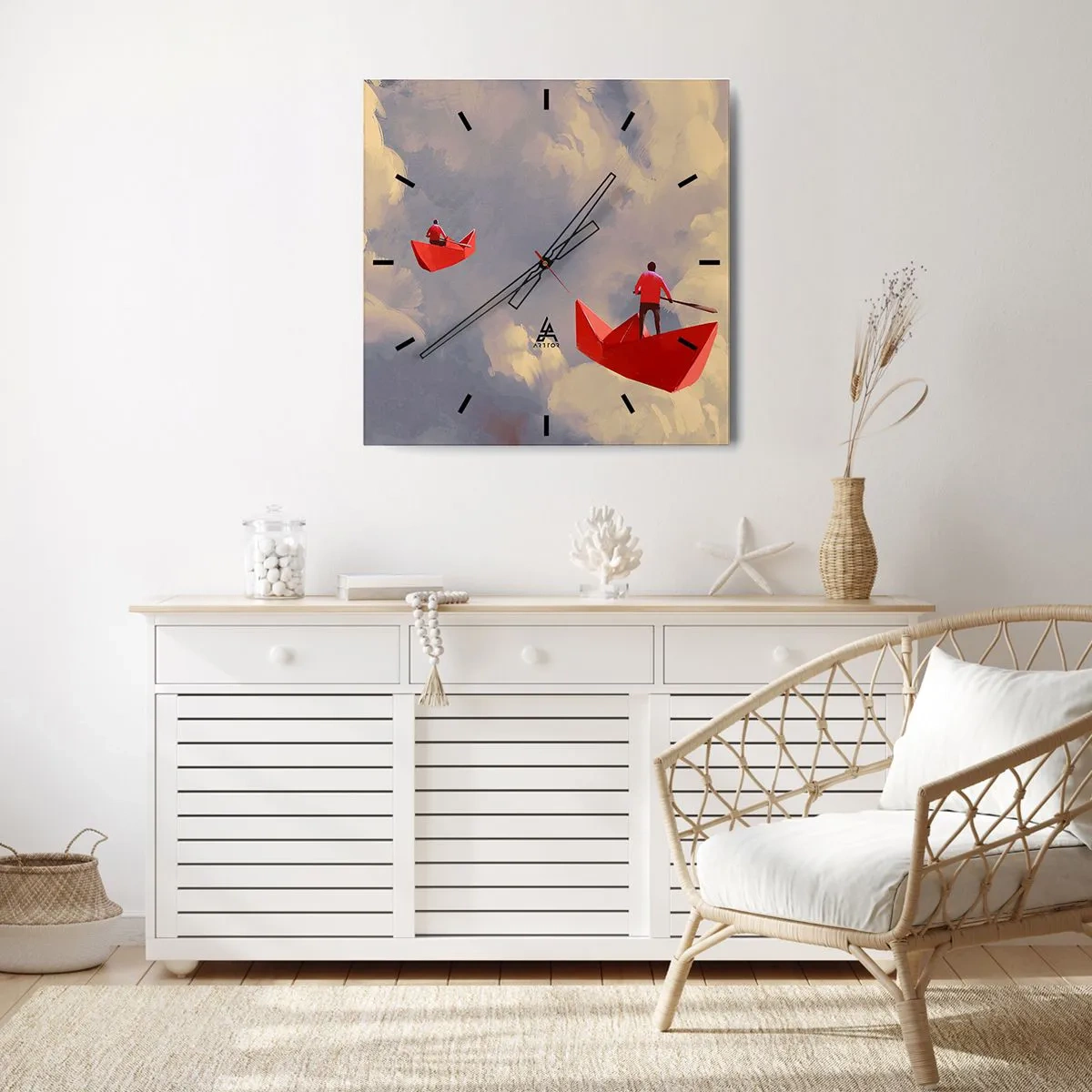 Reloj de pared - Reloj de vidrio - Barquitos de papel rojos flotando en las nubes - 30x30cm - El viaje de un soñador - Decoración de pared moderna para salón y dormitorio ARTTOR