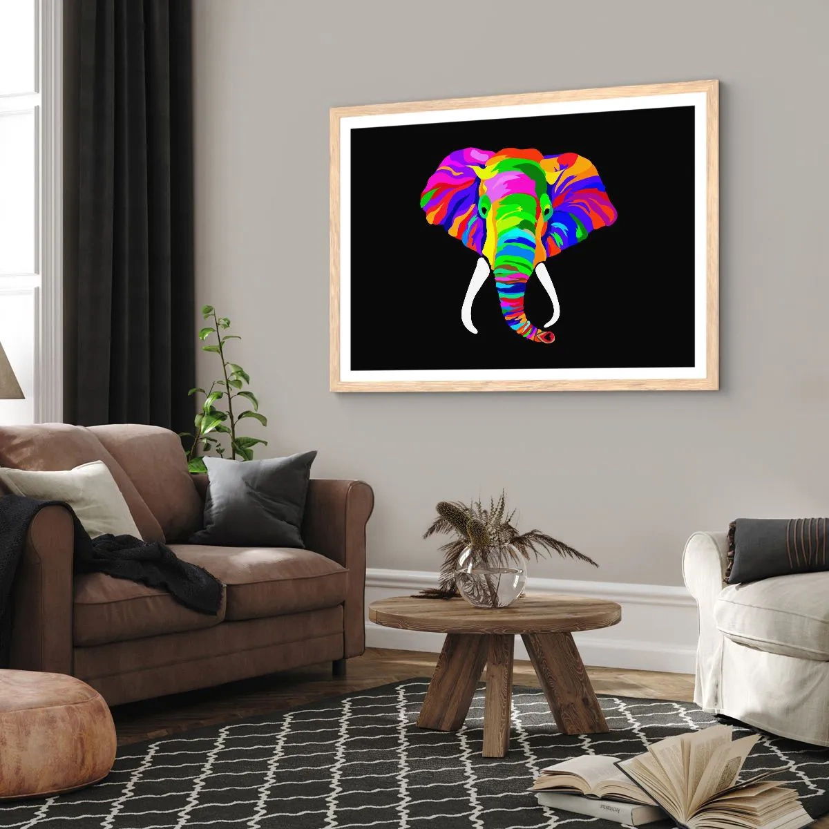 Póster en marco roble claro - El elefante al que le gustaba bañarse en el arco iris - 91x61 cm