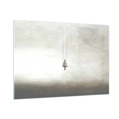 Cuadro sobre vidrio - Impresiones sobre Vidrio - Una figura en un columpio suspendido en el cielo. - 100x70cm - El niño que llevamos dentro - Decoración de pared moderna para salón y dormitorio ARTTOR