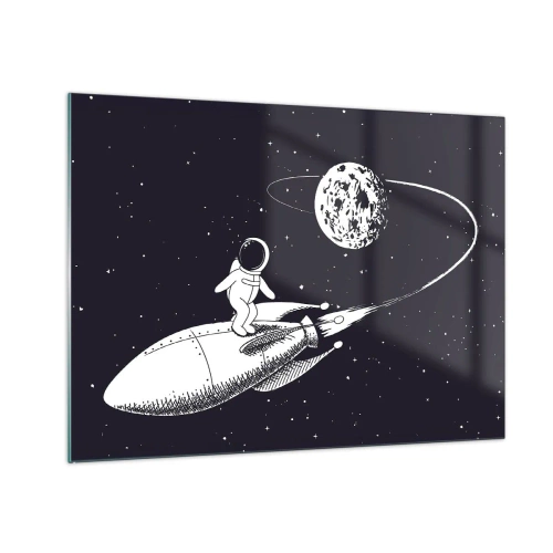 Cuadro sobre vidrio - Impresiones sobre Vidrio - Astronauta de dibujos animados surfeando en el espacio en un cohete - 70x50cm - Surfista espacial - Decoración de pared moderna para salón y dormitorio ARTTOR