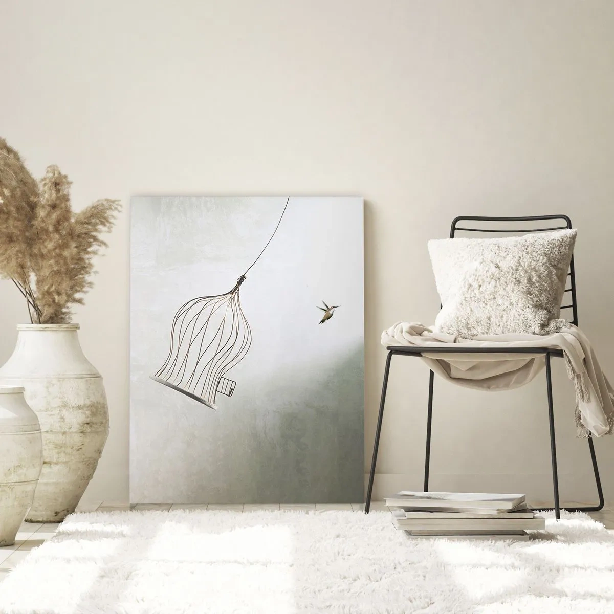 Cuadro sobre vidrio - Impresiones sobre Vidrio - Una jaula abierta y un colibrí volando a la luz del día. - 50x70cm - Aquí debo estar - Decoración de pared moderna para salón y dormitorio ARTTOR