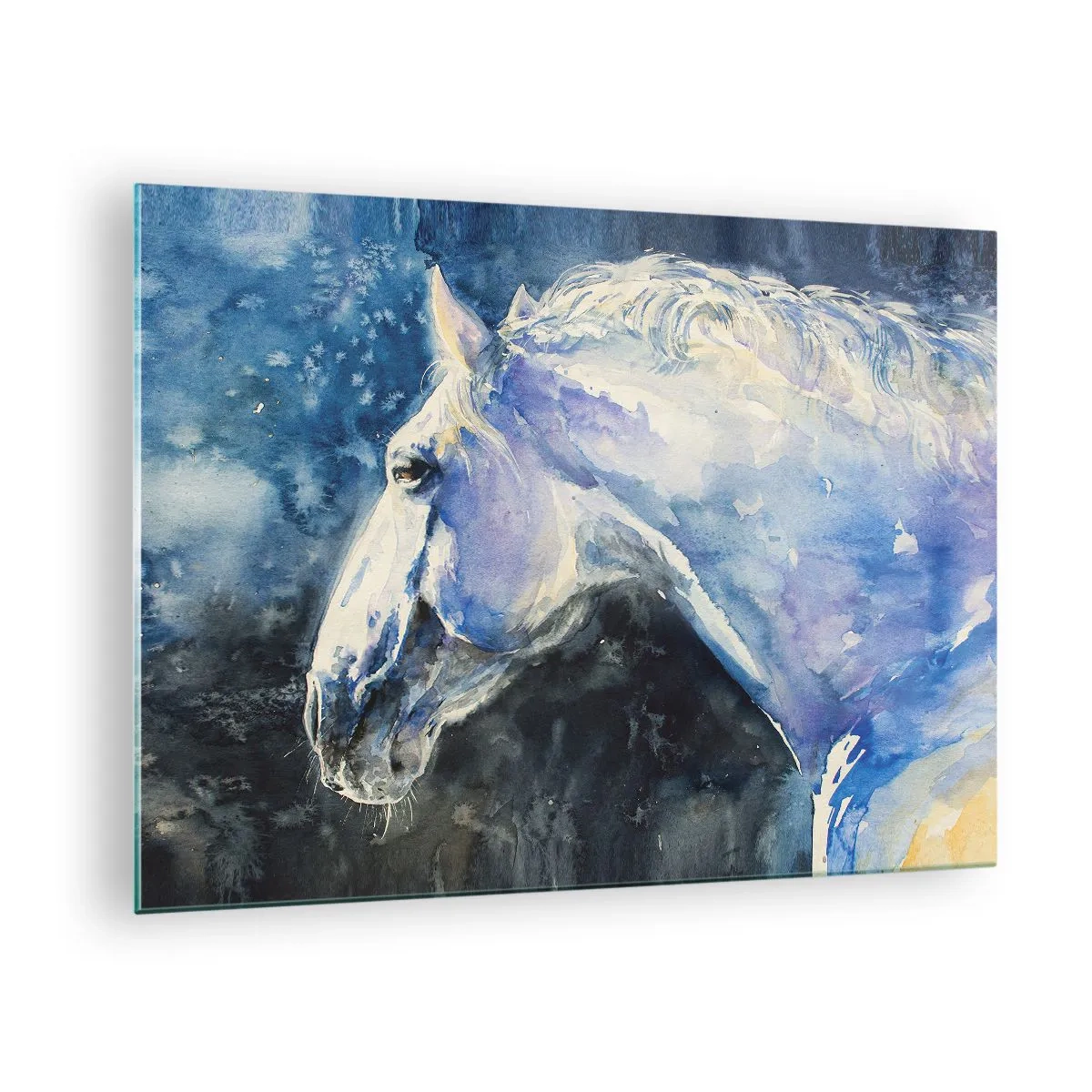 Cuadro sobre vidrio - Impresiones sobre Vidrio - Retrato en acuarela de un caballo en tonos azules. - 70x50cm - Retrato en un resplandor azul - Decoración de pared moderna para salón y dormitorio ARTTOR