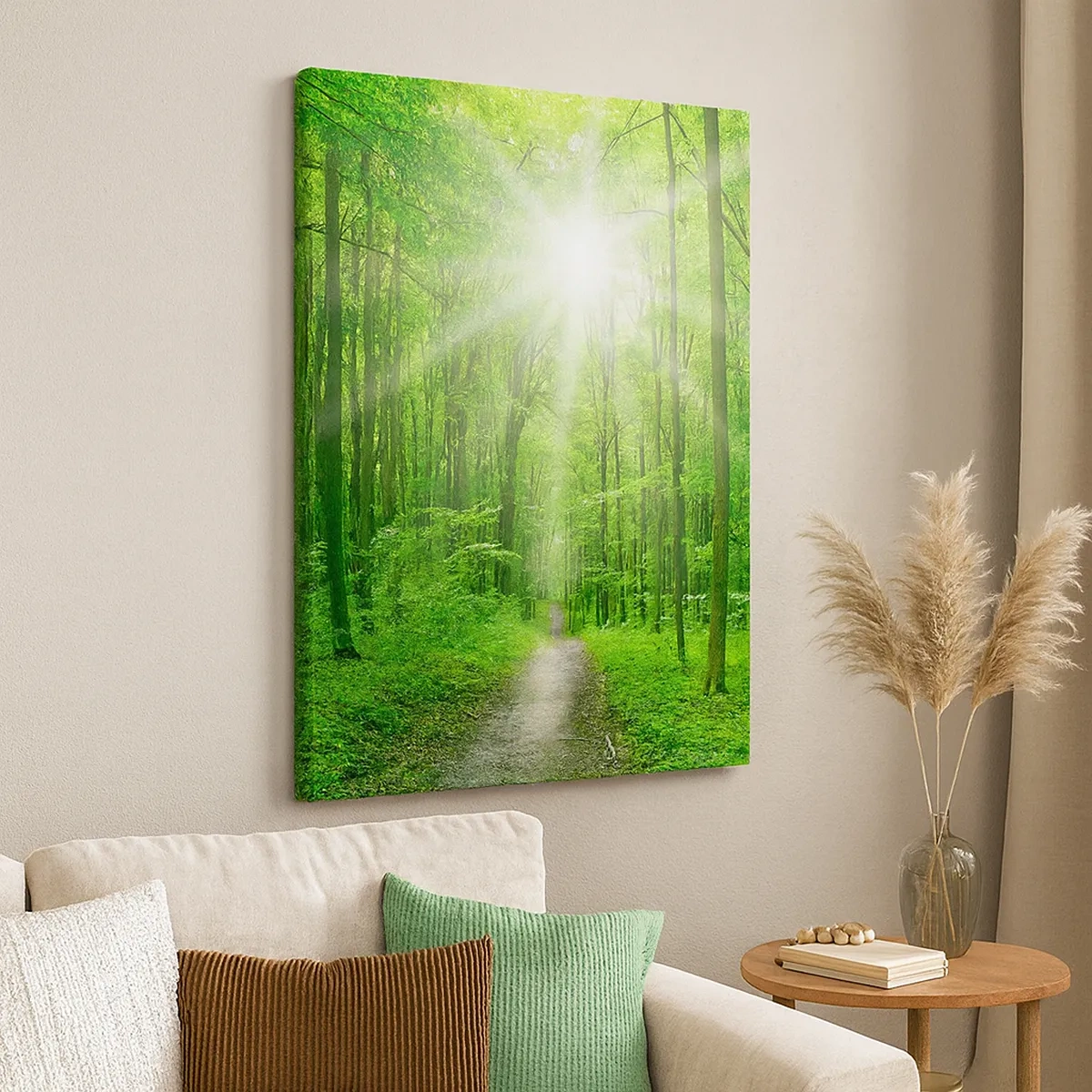 Cuadro sobre lienzo - Impresión de Imagen - Camino en el bosque con rayos de sol. - 50x70cm - Catedral verde - Decoración de pared moderna para salón y dormitorio ARTTOR