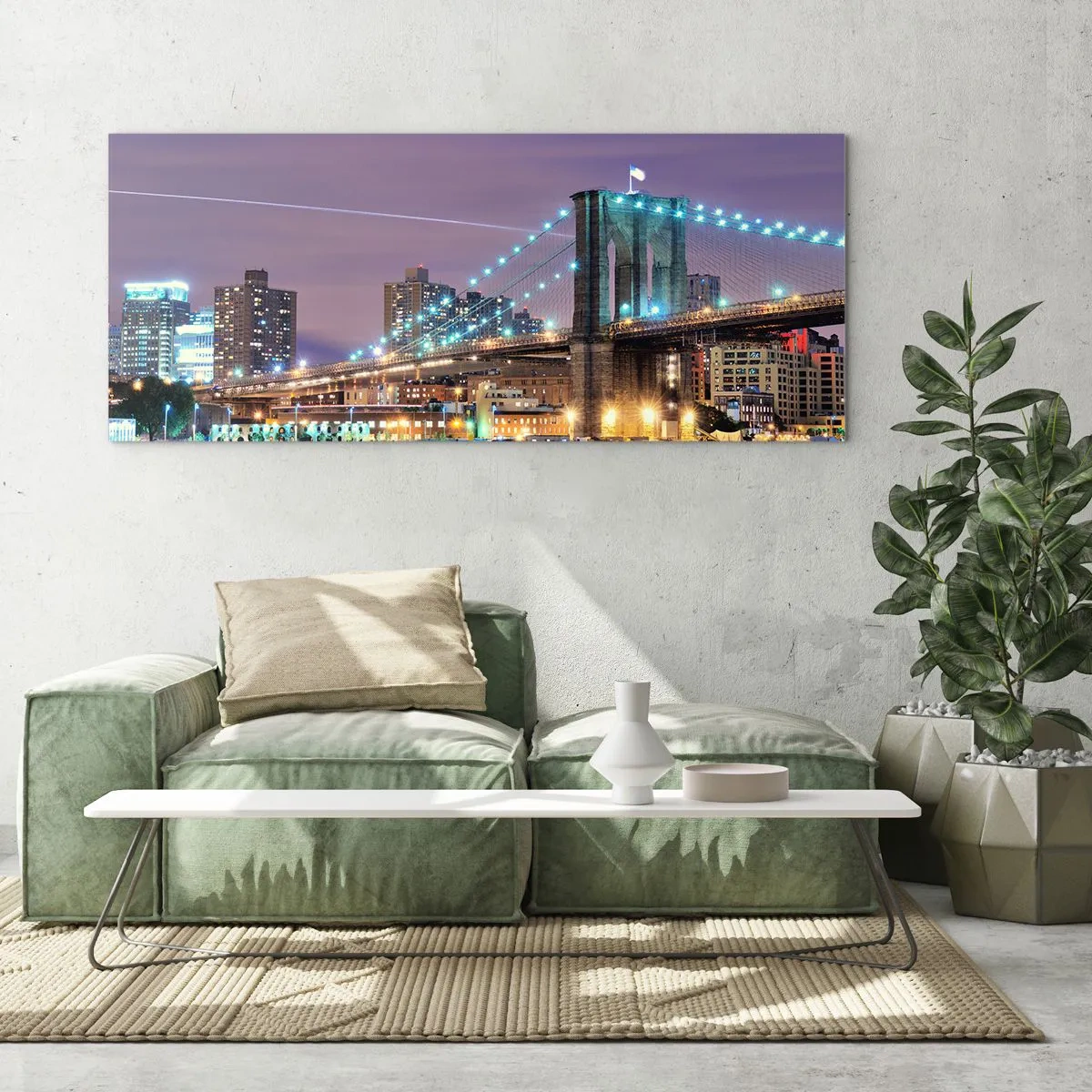 Cuadro sobre vidrio - Impresiones sobre Vidrio - Puente de Brooklyn de noche con la ciudad iluminada al fondo - 140x50cm - Durante muchos años, el puente de Brooklyn - Decoración de pared moderna para salón y dormitorio ARTTOR