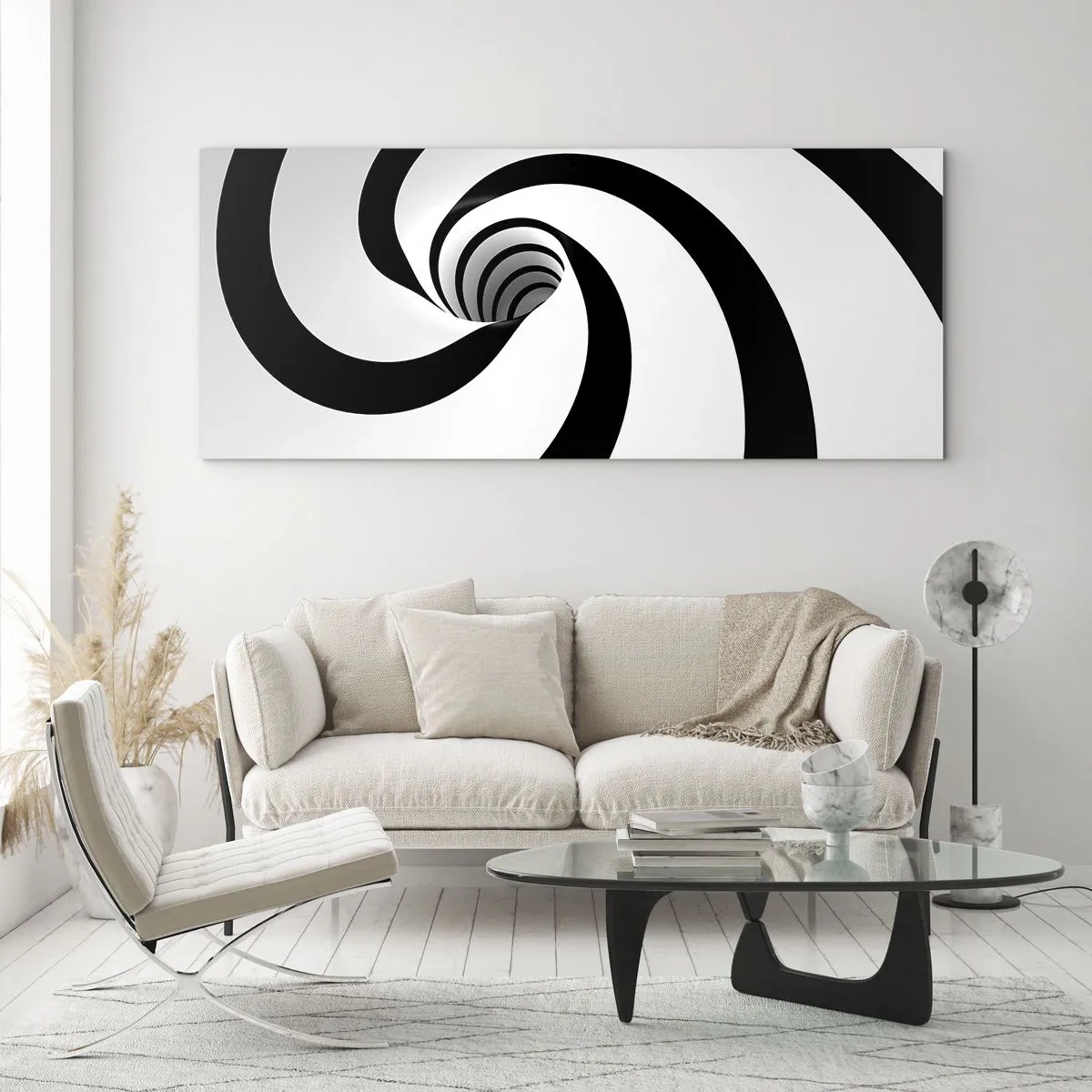 Cuadro sobre vidrio - Impresiones sobre Vidrio - Espiral abstracta en blanco y negro con efecto de remolino - 160x50cm - ¿Ceder al torbellino? - Decoración de pared moderna para salón y dormitorio ARTTOR