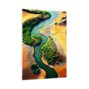 Cuadro sobre vidrio - Impresiones sobre Vidrio - Oasis verdes y un río entre dunas anaranjadas - 50x70cm - Río que da vida - Decoración de pared moderna para salón y dormitorio ARTTOR